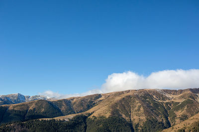 Scenic view of mountains against clear blue sky