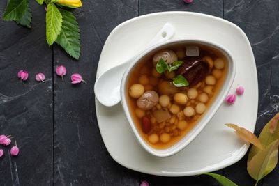 High angle view of soup in bowl on table