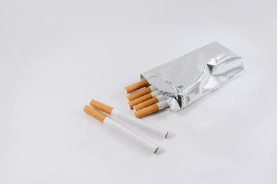 High angle view of food on table against white background