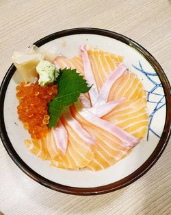 High angle view of seafood served on table