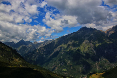 Scenic view of mountains against cloudy sky