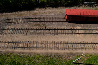 High angle view of freight train on railroad track