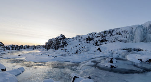 Scenic view of snow covered mountains against sky