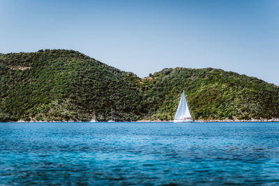 Scenic view of sea against clear blue sky