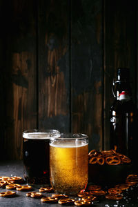Close-up of beer glass on table