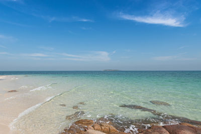 Scenic view of sea against blue sky