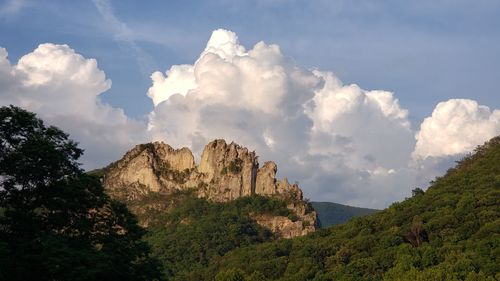 Low angle view of rocky mountains against sky