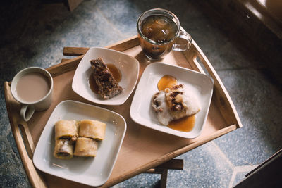 High angle view of breakfast in plate on table