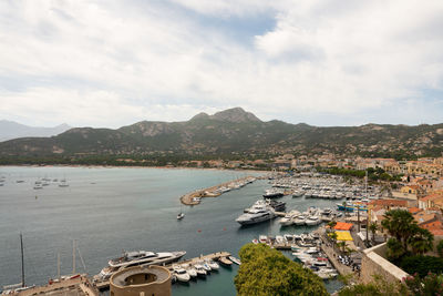 High angle view of boats in bay