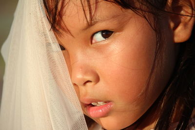 Close-up portrait of cute girl wearing veil