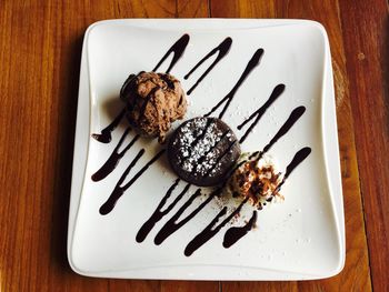 High angle view of dessert in plate on table