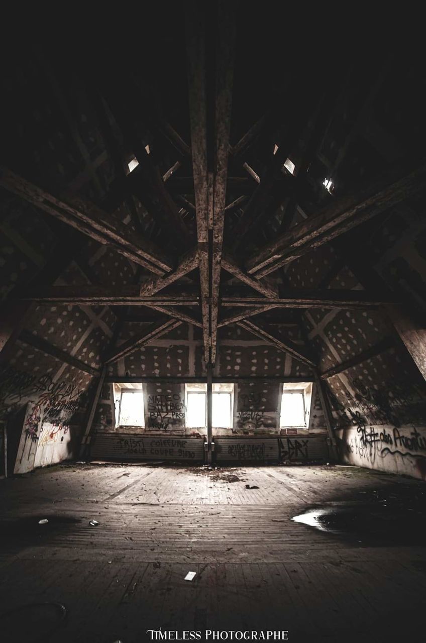 darkness, architecture, night, light, built structure, indoors, abandoned, no people, building, ceiling, monochrome, rundown, black, warehouse, damaged, lighting, roof