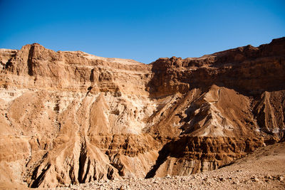 Panoramic view of rocks and mountains against clear sky