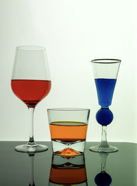 Close-up of beer glass on table against white background