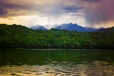 Scenic view of lake against cloudy sky