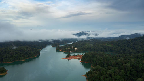 Aerial view of kenyir lake in the morning.