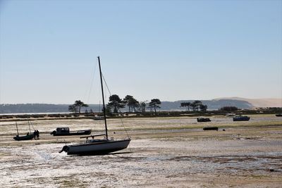 Boats on sea against clear sky