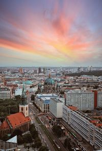 High angle view of cityscape against sky during sunset