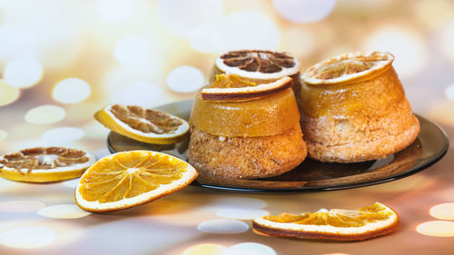 Close-up of fruits served on table