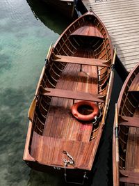 High angle view of boat moored in lake