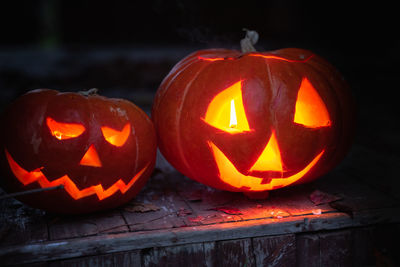 Close-up of illuminated pumpkin during halloween