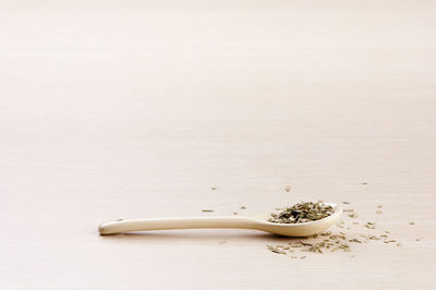 Close-up of bread on table against white background