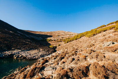 Scenic view of mountains against clear blue sky