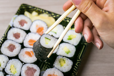 High angle view of sushi in plate on table