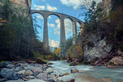 Arch bridge over river in forest