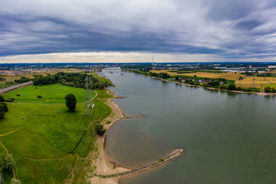 Panoramic view of the rhine and the a1 motorway bridge near leverkusen, germany. drone photography.