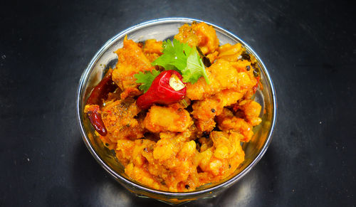 High angle view of meal served in bowl on table