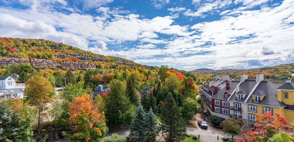 Aerial view of mont tremblant resort in autumn. mont-tremblant, quebec, canada.