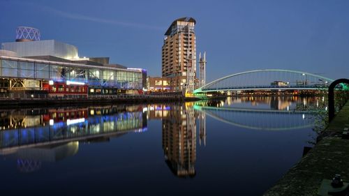 Reflection of city in water at night