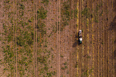 High angle view of tire tracks on field