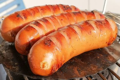 High angle view of meat on barbecue grill