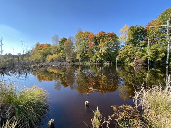 Reflection of trees in lake against sky during autumn