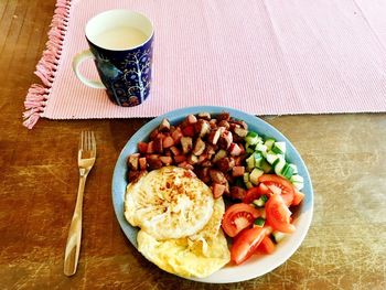 High angle view of breakfast served on table