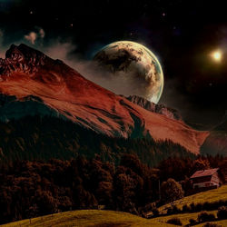 Digital composite image of mountain against sky at night