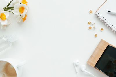 High angle view of white coffee on table