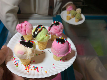 Close-up of ice cream served on table