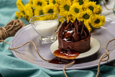 Close-up of chocolate cake on table