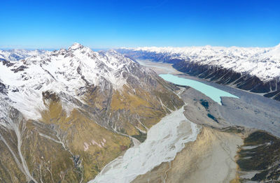 Scenic view of snowcapped mountains against blue sky