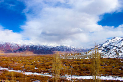 Scenic view of snowcapped mountains against sky