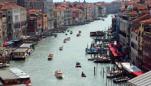 High angle view of boats in canal