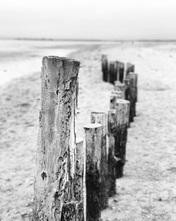 Close-up of wooden post on beach against sky