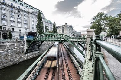 Blurred motion of train moving on railway bridge