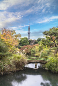 Tokyo, japan - november 13 2021 mukojima-hyakkaen gardens in autumn overlooked by the skytree tower