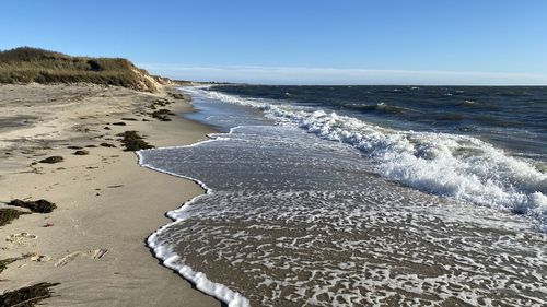 Scenic view of beach against clear sky