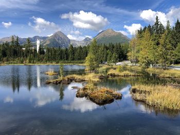 Scenic view of lake by trees against sky