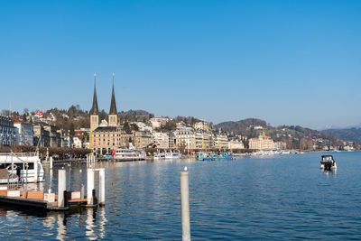 Lucerne, switzerland, march 10, 2022 terrific view over the lake of lucerne on a clear blue sky day